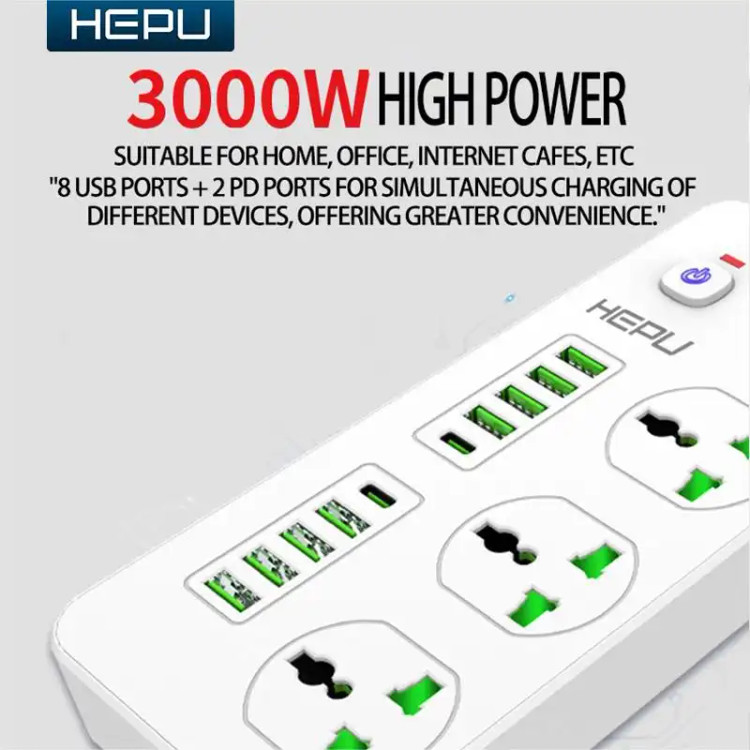 چند راهی هپو H05 3000W با 8 ورودی usb و 2 PD مقاوم در برابر شعله و شوک الکتریکی کیفیت عالی