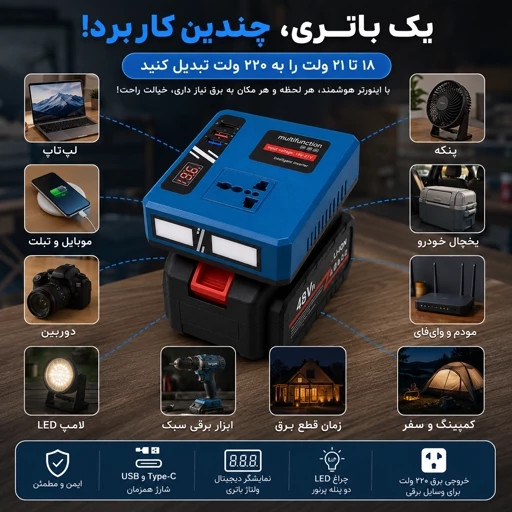 اینورتر شارژی هوشمند ۲۲۰ ولت همراه با ۲ باتری 48ولت